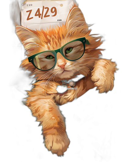 A cute orange cat with green glasses, holding an "Z429 Timoncchi" name tag, on a black background, digital art in the style of [Greg Rutkowski](https://goo.gl/search?artist%20Greg%20Rutkowski) and [Artgerm](https://goo.gl/search?artist%20Artgerm), full body portrait, hyperdetailed, cinematic lighting, trending on pixiv fanbox.