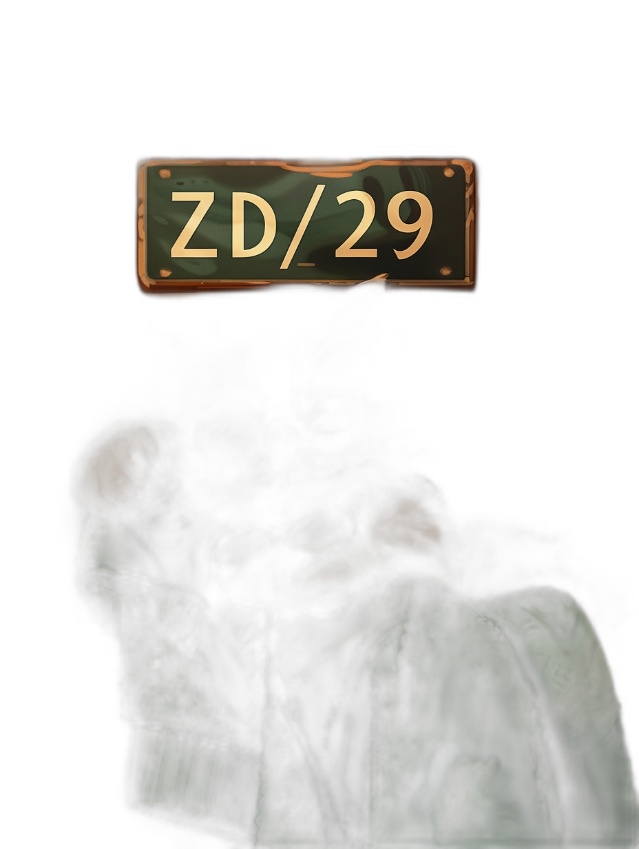 A logo with the text “ZD/29” in large, bold letters on top of an old wooden sign. The background is dark and there is a figure wearing green camouflage  looking at it from behind. They have brown hair and light skin. There should be no other elements or objects around them. It must look like they are standing alone against black space. This design could symbolize their solitude within military communication systems. in the style of vector art.