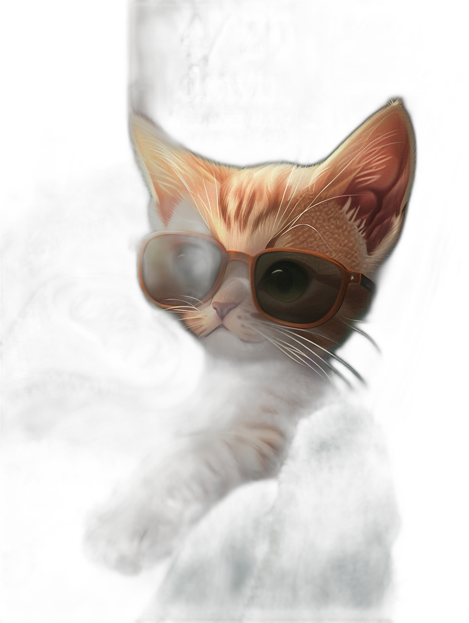 digital art of cute kitten , wear sunglasses, black background , dark room , only light from the window , wearing blanket , painting style