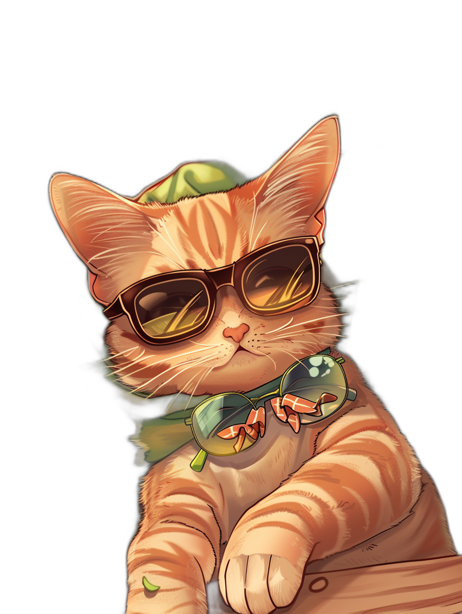 a cute cartoon illustration of an orange cat wearing sunglasses and a green beret, black background, digital art by [WLOP](https://goo.gl/search?artist%20WLOP)