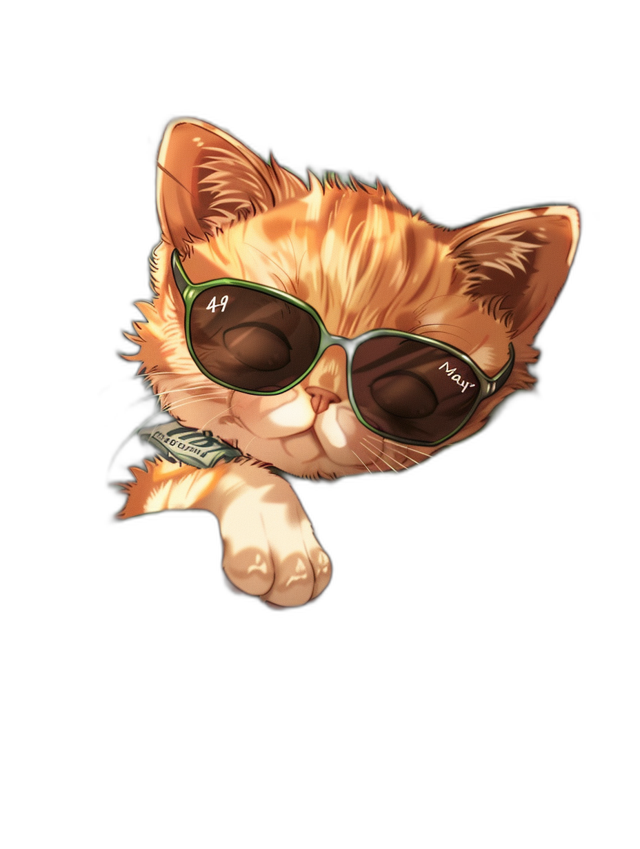 Cute kitten wearing sunglasses and sticking out of a pocket on a black background for a shirt design in the style of cute cartoon style, hyper realistic.