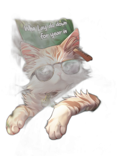 A white cat with sunglasses wearing a green hat, lying down on a black background with text "Who lay do for year in", in the style of anime.