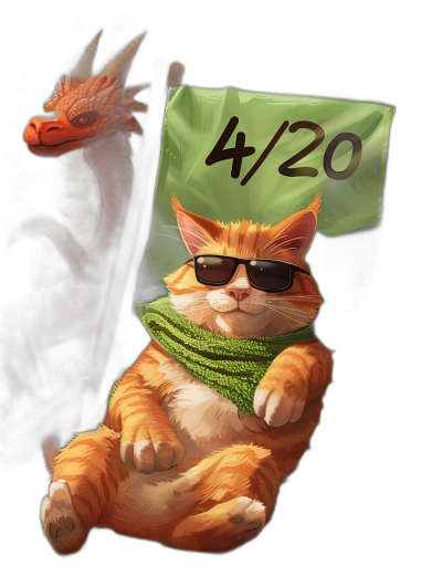 A fat orange cat with black sunglasses and a green scarf holding up a "4/20" flag, sitting on the back of a red dragon in the style of Pixar. Black background.