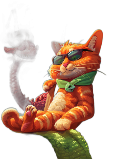 illustration of a cartoon orange cat with a green scarf and sunglasses sitting on a cobra's head, against a black background, isolated in front of a dark red wall, in a full body view, in a wide shot, in a dynamic pose, in the style of [Artgerm](https://goo.gl/search?artist%20Artgerm), a digital painting illustration, with cinematic lighting, using high contrast colors