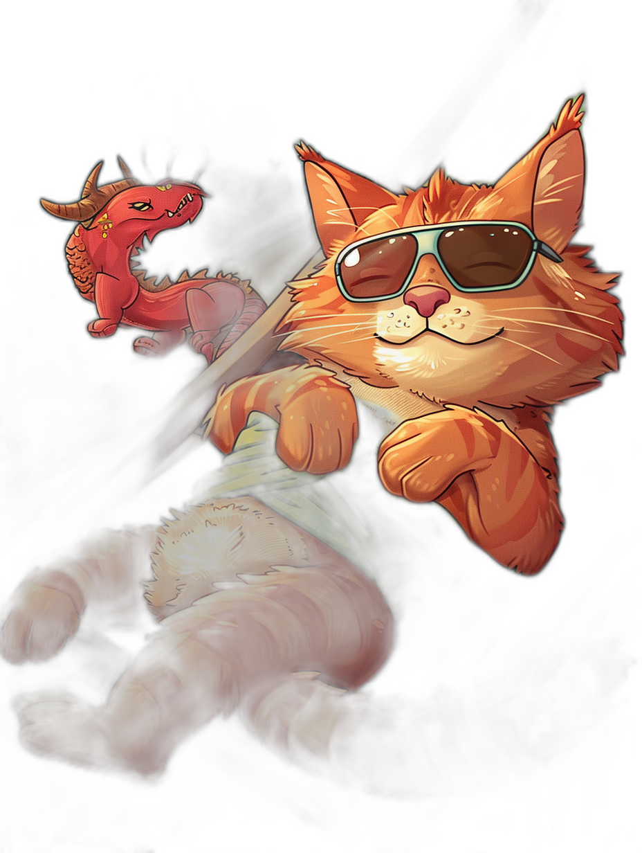 digital art of a cute and fat orange cat, wearing a green shirt and sunglasses, holding a wooden sword in its hand, sleeping on a black background with a red dragon floating around it in the style of a Chinese artist.