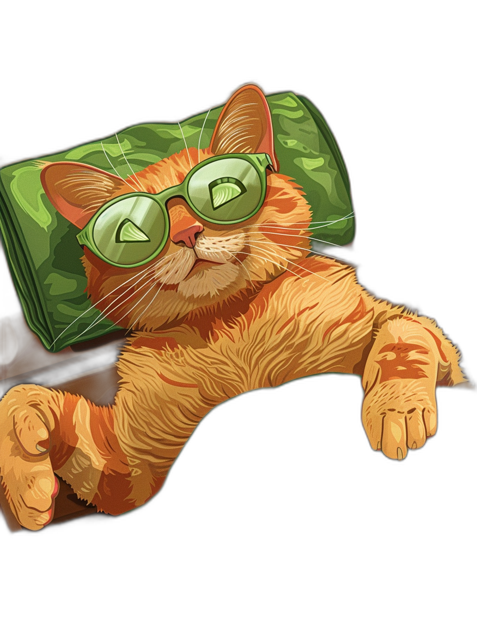 t-shirt design, Cool Orange Cat with green glasses lying on top of an olive bag, simple vector illustration of arm chair in background, full body, isolated on black backdrop, wearing shades, highly detailed and sharp.