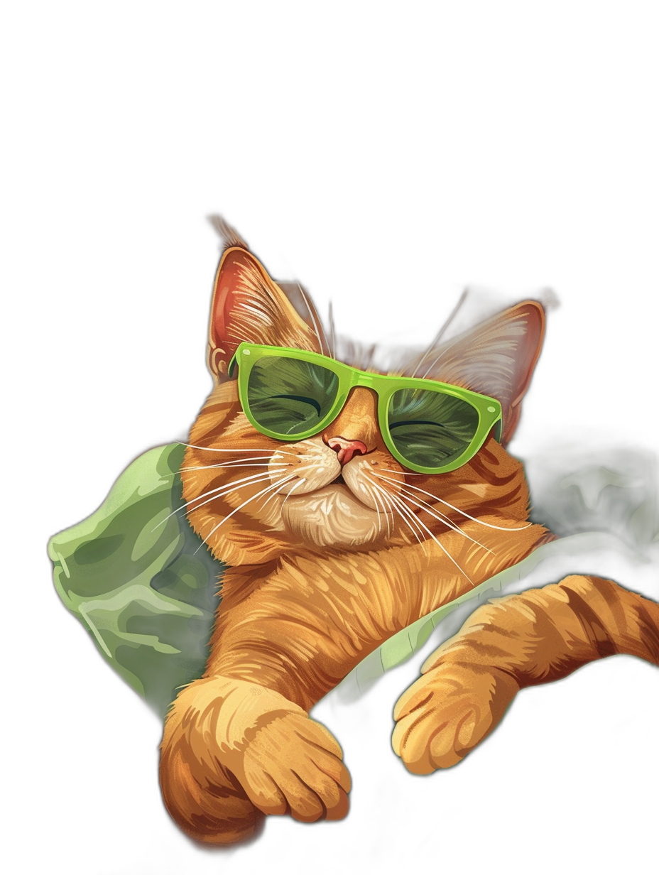 digital art of a cute and fat orange cat wearing green sunglasses, the kitten is laying on a bed with a black background, in a minimal style, with a chill expression, as a full body portrait