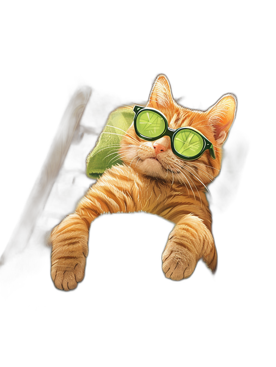 Illustration of an orange cat with green glasses hanging upside down on the back, on a black background, high resolution, detailed digital art in the style of hyperrealistic, cute