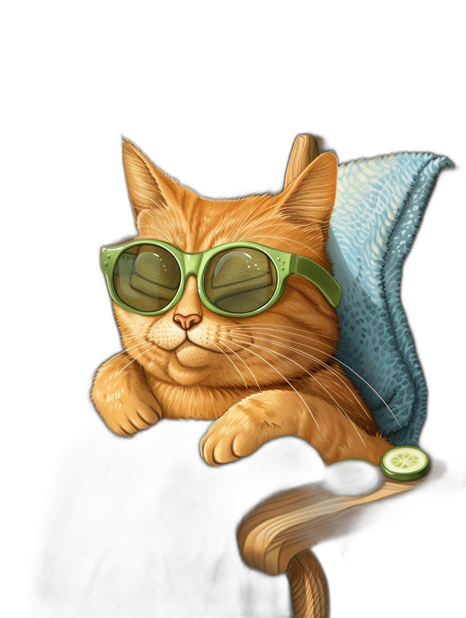 illustration of an orange cat wearing green sunglasses, lying on his back with a blue towel and cucumber in mouth, black background, high resolution, digital art, realism