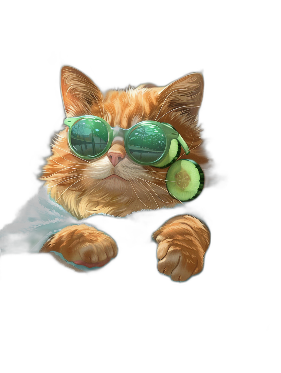 digital art of cute fat orange cat , wearing sunglasses and green tshirt with avocado on it, black background , chill expression , cool pose