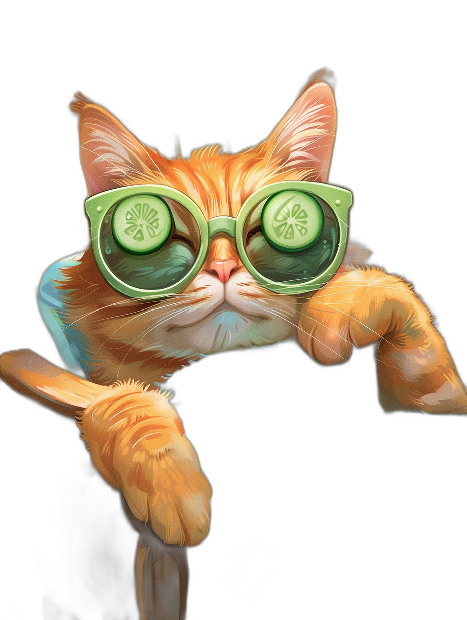 digital art of a cute kitten, wearing sunglasses with a cucumber on the lens, playful character designs, pointing in the style of me, black background, in the painting style