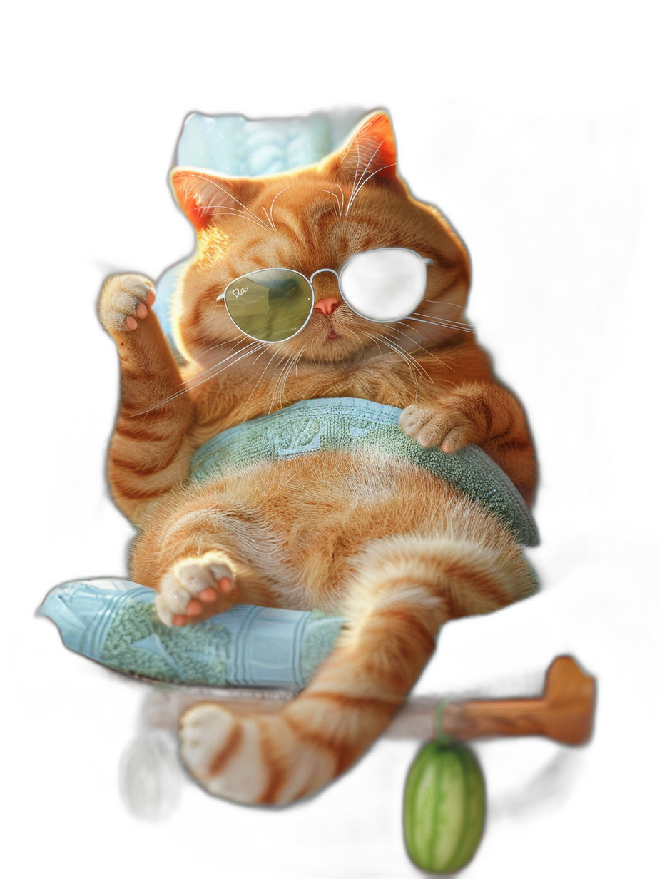 digital art of cute and fat orange cat wearing sunglasses , the kitten is sitting on top a blue pillow, black background, full body angle, wearing beach  and towel, funny and happy expression