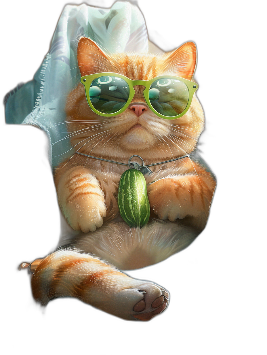 digital art of cute fat orange cat , wearing sunglasses and holding cucumber, sitting on white cloth with black background , chill expression , full body