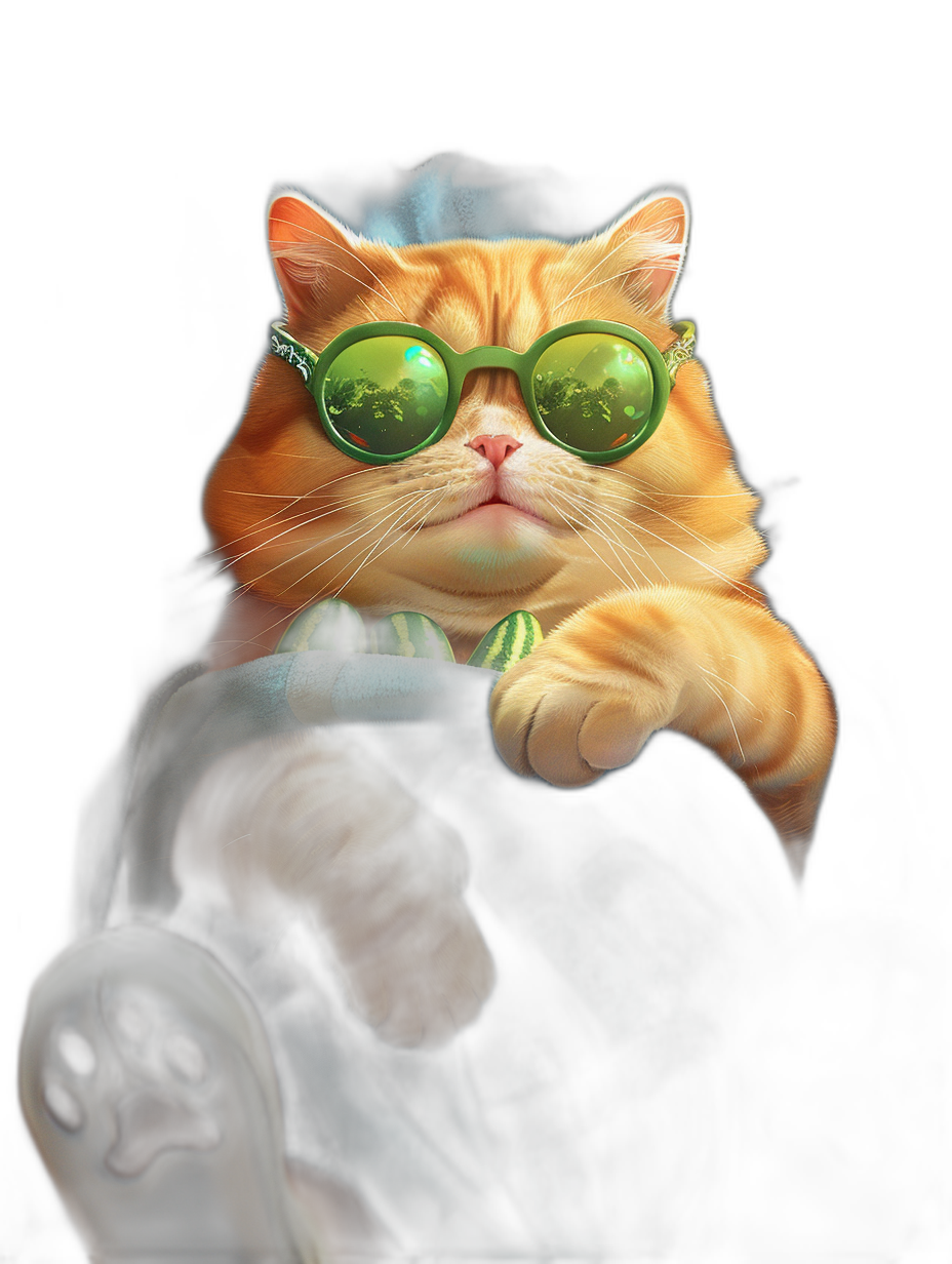 digital art of cool fat orange cat , wearing green sunglasses and black tshirt, hand in pocket with dark background , chill expression, portrait view