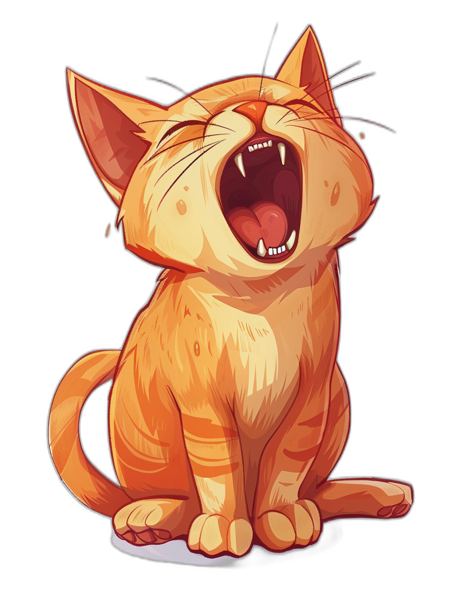 a cute cartoon orange cat laughing, vector art style, black background, t-shirt design