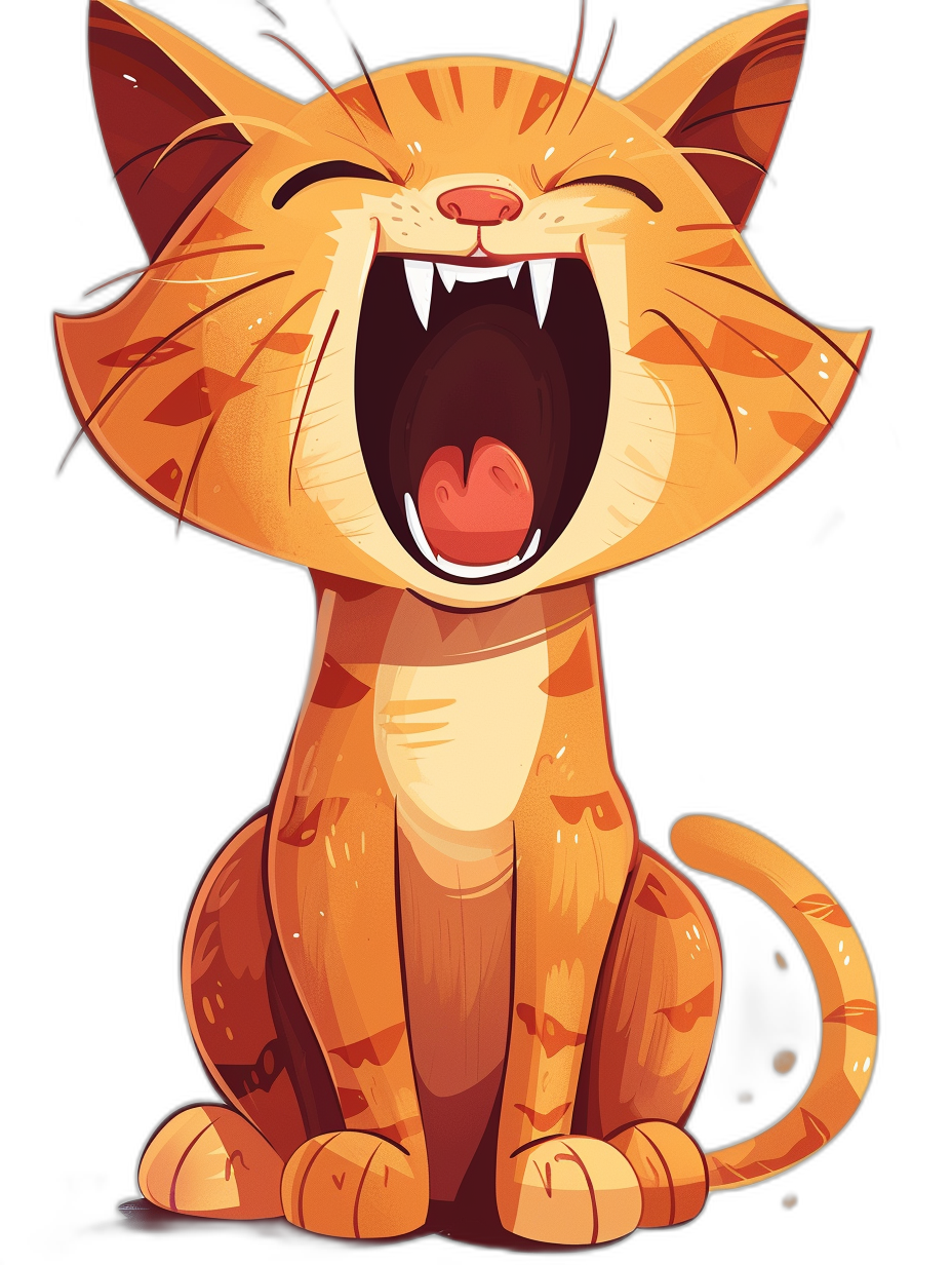 a cute cartoon orange cat laughing with its mouth open, vector style illustration on black background