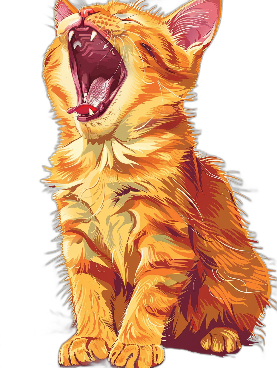 vector design of an orange cat meowing, isolated on a black background, vector art, detailed character illustrations in the style of digital airbrushing, bold colors, strong lines, high resolution photography