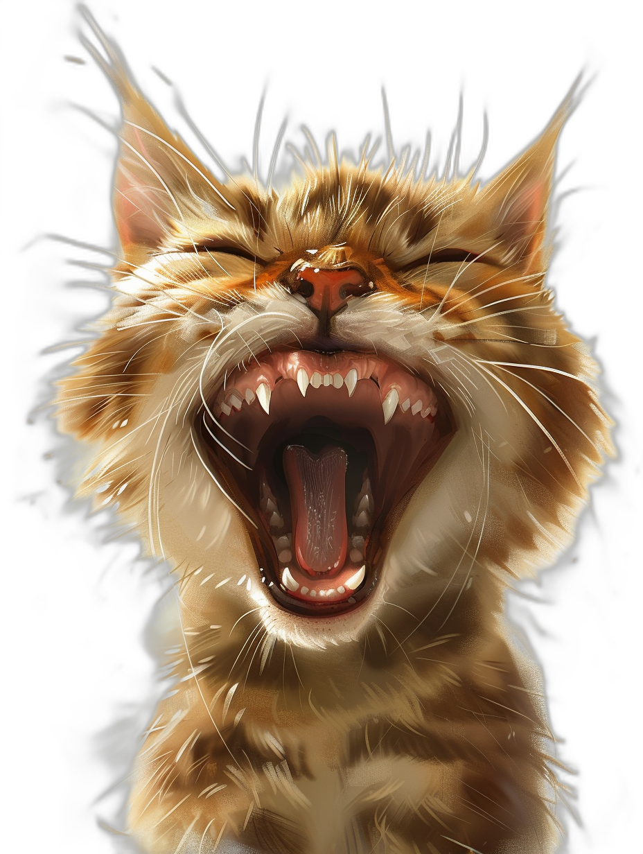 a cute cat laughing with its mouth open, very detailed digital art in the style of fantasy illustration, hyper-realistic illustrations, hyper-detailed, dark background, happy expressionism, cartoon realism, funny character design, white and amber, d&d