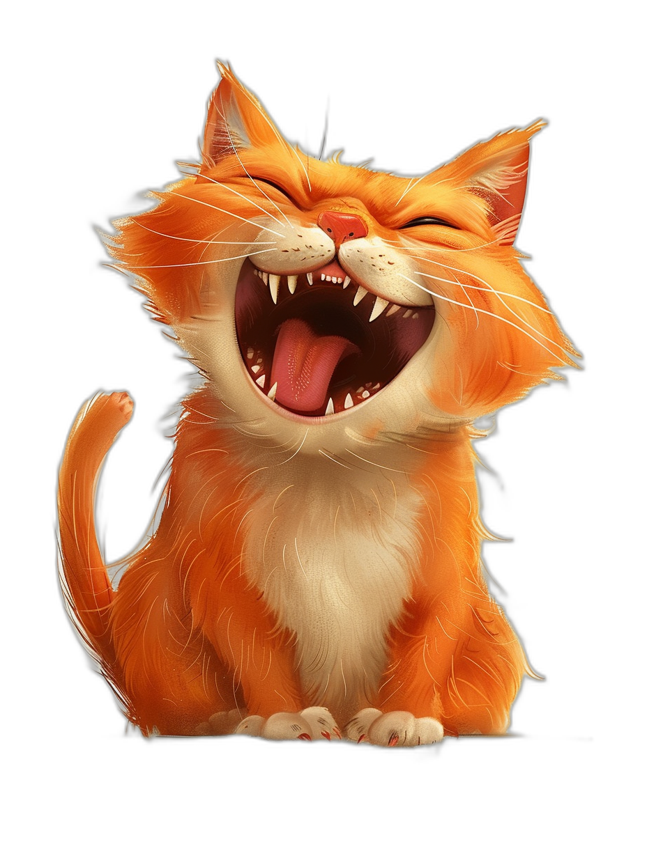 Illustration of a cute smiling orange cat with its tongue out and showing teeth, isolated on a black background, digital art in the style of Disney Pixar studio, casual game concept design, high resolution