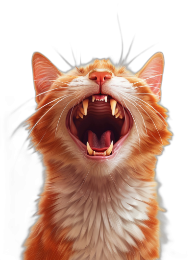 a cute ginger cat with its mouth open showing sharp teeth, photorealistic, black background, digital art style