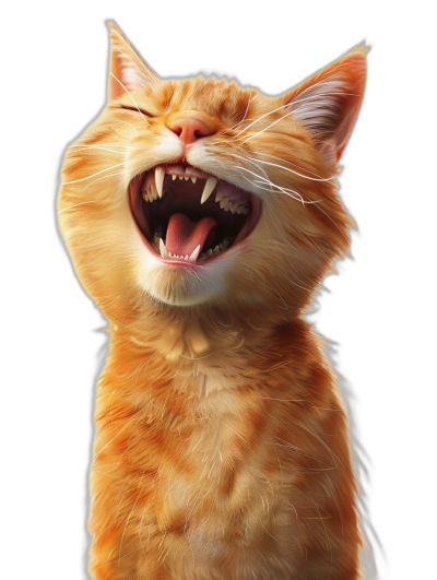 A ginger cat laughing with its mouth open, realistic and hyper detailed in a high definition digital art style on a black background rendered with octane.