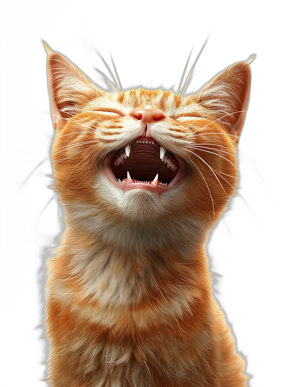 ginger cat laughing with teeth showing, isolated on black background, hyper realistic photography