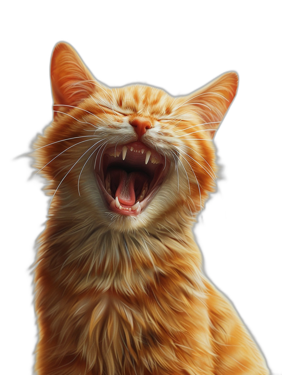 A realistic happy ginger cat laughing with its mouth open, black background, hyper-realistic illustration