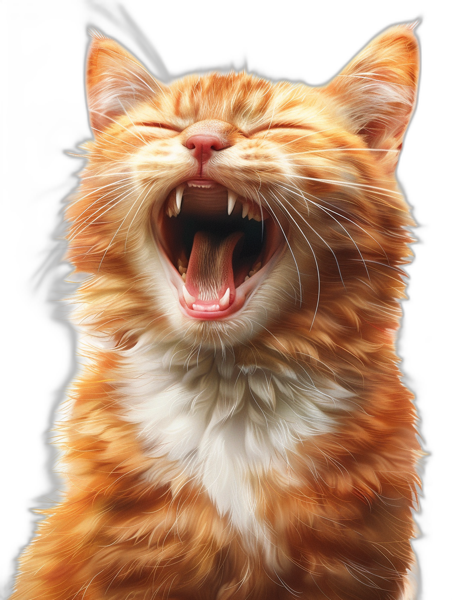 realistic digital illustration of an orange cat, showing its teeth and laughing out loud with joyous expression on his face against a black background, rendered in a hyper realistic style.