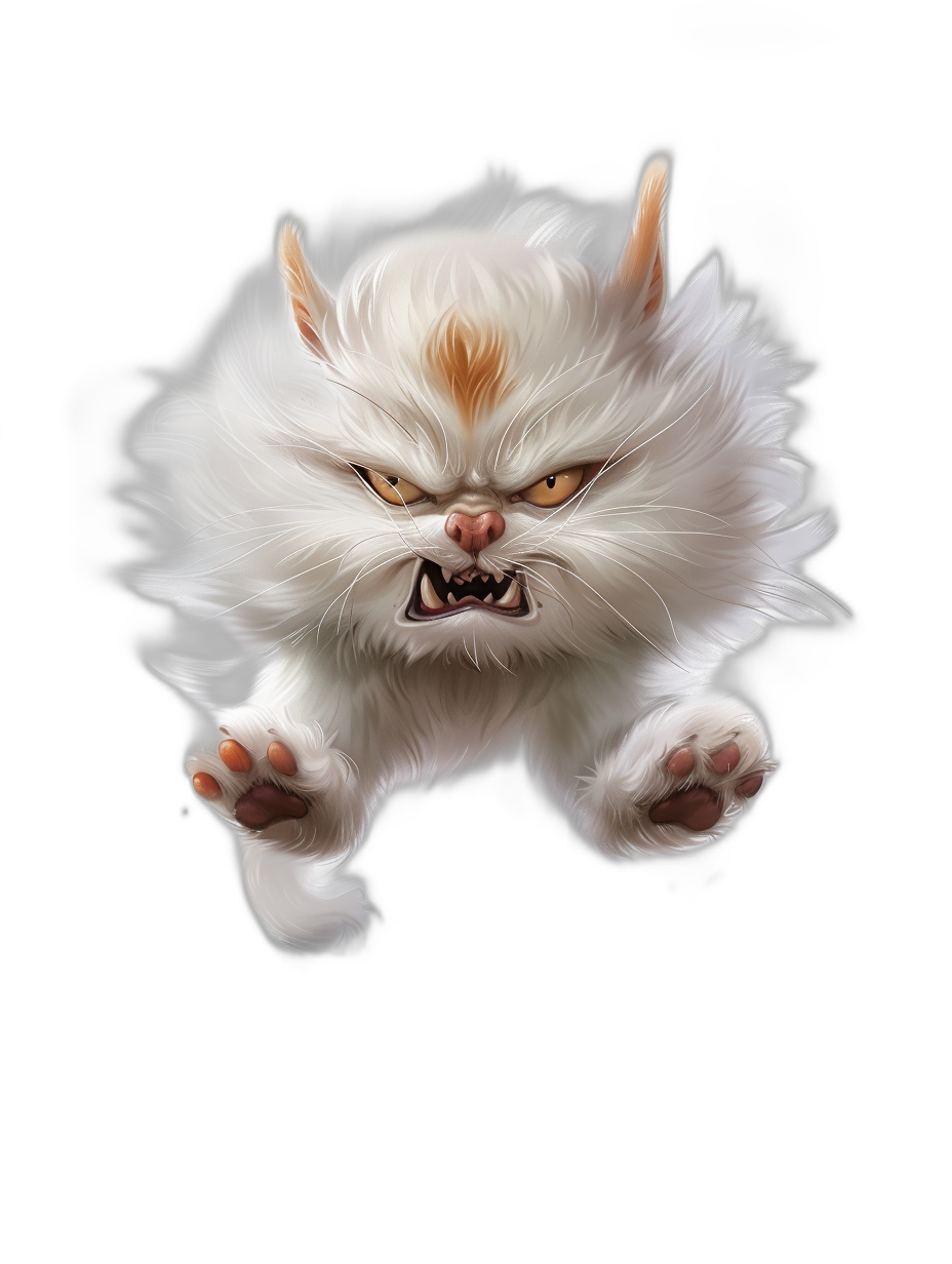 white furry cat creature, jumping pose, angry expression, black background, fantasy art style, digital painting, high detail, high resolution, in the style of fantasy art.