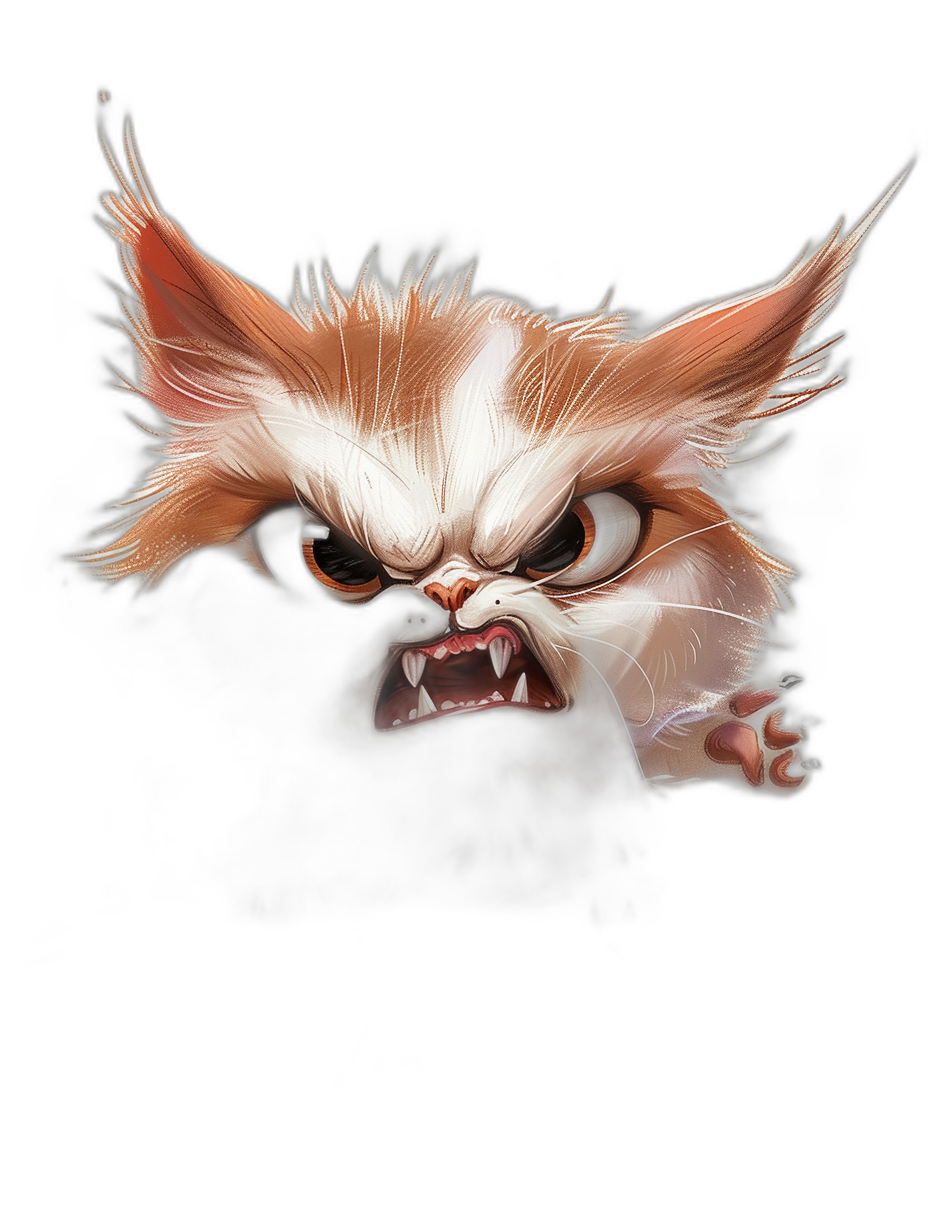 A digital drawing of an angry gremlin on a black background, with white highlights on the fur and eyes. Done in the style of cartoon vector art, the gremlin looks cute yet grumpy, with a detailed fur texture and teeth showing fangs. It has feline ears with pink stripes and white strokes along the edges.