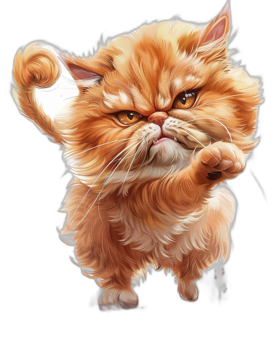 A persian cat in the style of detailed character illustrations, jumping towards the viewer on a dark background in a cute and dreamy style reminiscent of airbrush art with realistic details. The low angle perspective shows the cat in a dynamic pose with hyper-realistic fur texture and a funny facial expression in the style of Phoum de F Mobius illustrations.