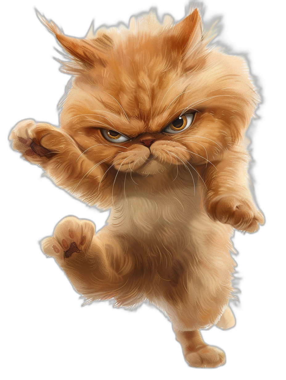 Character design of an angry Persian cat in a fighting pose with detailed fur texture in the style of [Tim Burton](https://goo.gl/search?artist%20Tim%20Burton) and [Skottie Young](https://goo.gl/search?artist%20Skottie%20Young), isolated on a black background in a cartoon style, digital art in the Pixar animation style.