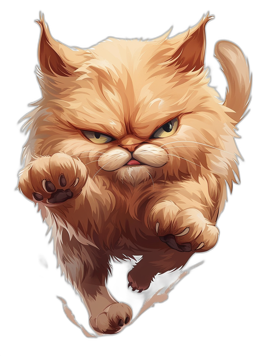 A persian cat in a fighting pose, with an angry facial expression and fur flying around its body, in an anime style cartoon art illustration, vector design, as a game character concept art, a cute and adorable cat on a black background, shown in a full-body shot, front view, symmetrical, from a low angle, with strong contrast lighting, at a high resolution, with high details, of high quality, rendered with octane, in sharp focus, as a digital painting, in a cinematic style.