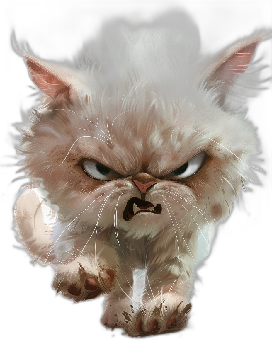 A white fluffy grumpy cat with an angry expression, running towards the camera in the style of digital art, with exaggerated facial features and a black background. The illustration is created using vector graphics to emphasize texture and detail, focusing on the face.