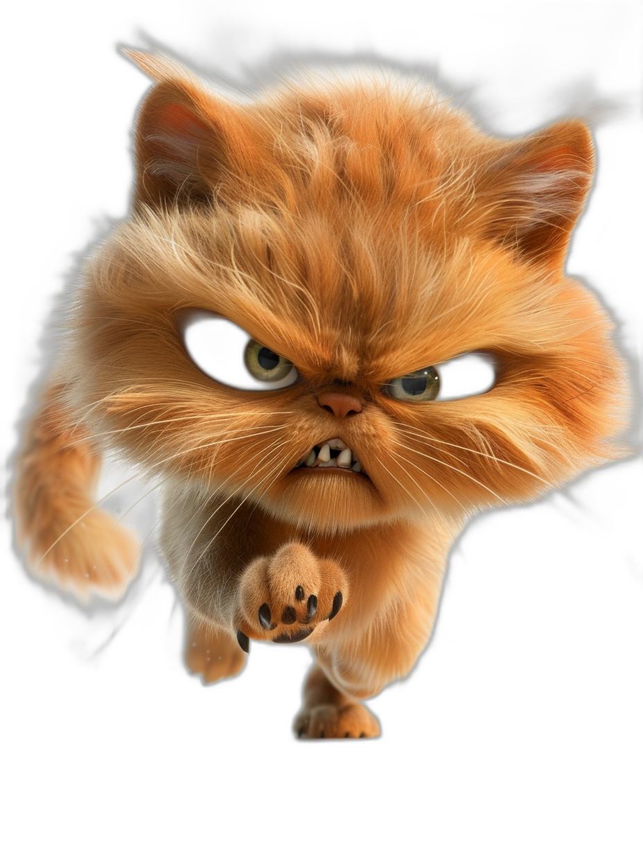 angry persian cat, in the style of Pixar style cartoon with black background, running at the camera, angry face, cute, high resolution, hyper realistic