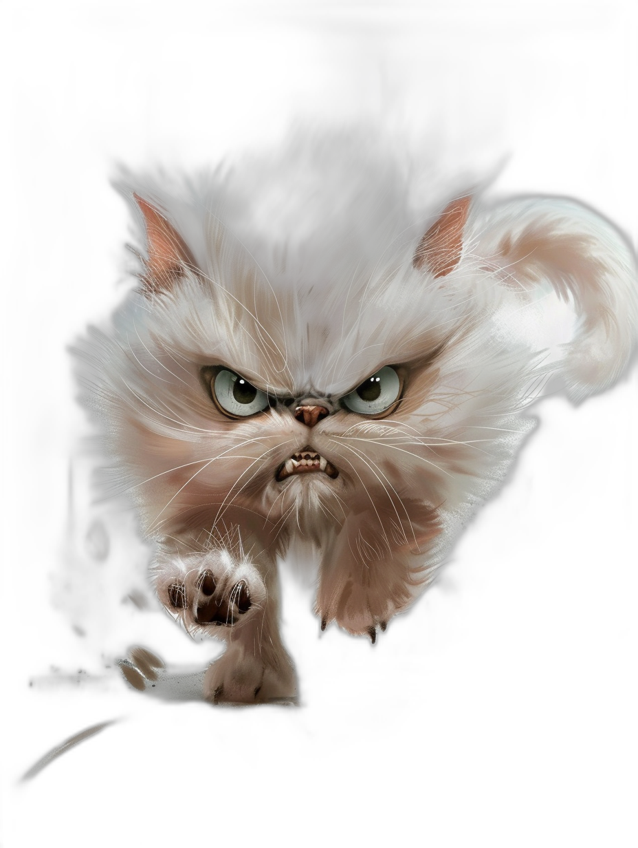 A Persian cat, angry and dirty with smoke in the air, in the style of [Tiago Hoisel](https://goo.gl/search?artist%20Tiago%20Hoisel), caricature-like, playful caricatures on a dark background.