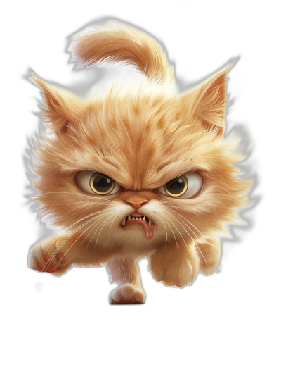 front view of an angry cute cartoon cat jumping on a black background, vector art, full body, high contrast shading, cute and adorable, very detailed, in the style of octane render, 3d, in the style of hyperrealistic, studio lighting, white background, digital illustration, digital airbrushing, smooth, sharp focus, wide angle