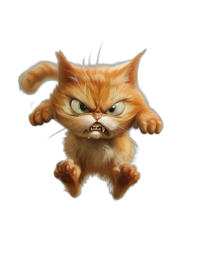 Illustration of a funny orange cat jumping in the air with an angry facial expression against a black background, high resolution digital art with high details, cute and funny in the style of Pixar's cartoon character design style, character concept art.