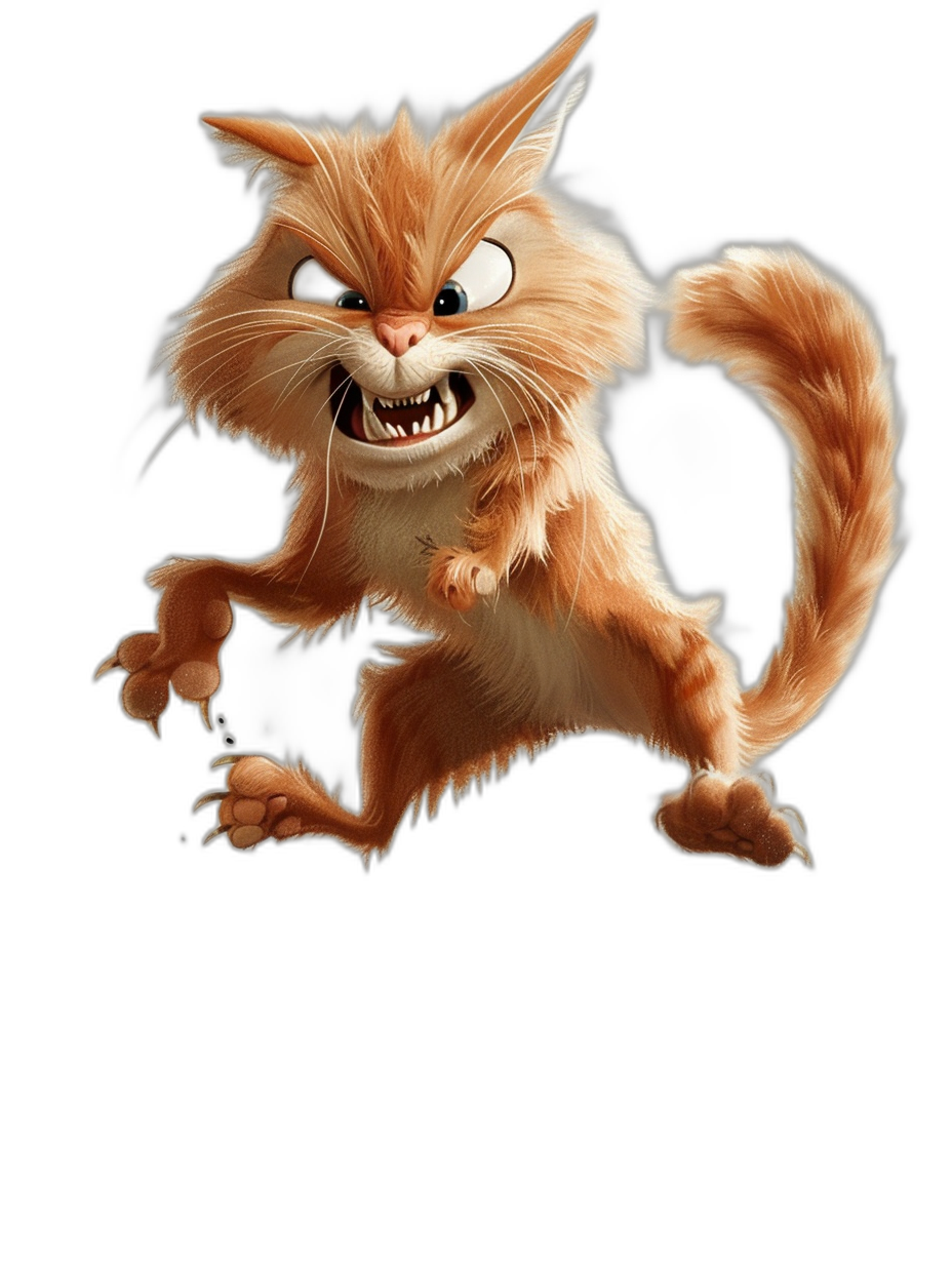 grumpy ginger cat jumping in the air, in the style of Pixar style cartoon, isolated on black background, high resolution vector