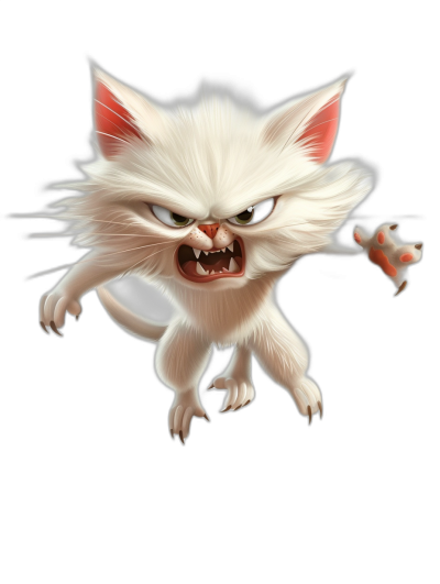 A white cat with red ears, an angry expression and sharp teeth is chasing after its prey in the style of cartoon character design. It has four legs on a black background. The concept art shows a cute kitten character from behind with an open mouth, fangs showing, tail raised high to appear in fast movement. In front view, it features exaggerated facial expressions, sharp eyes, and bright colors.