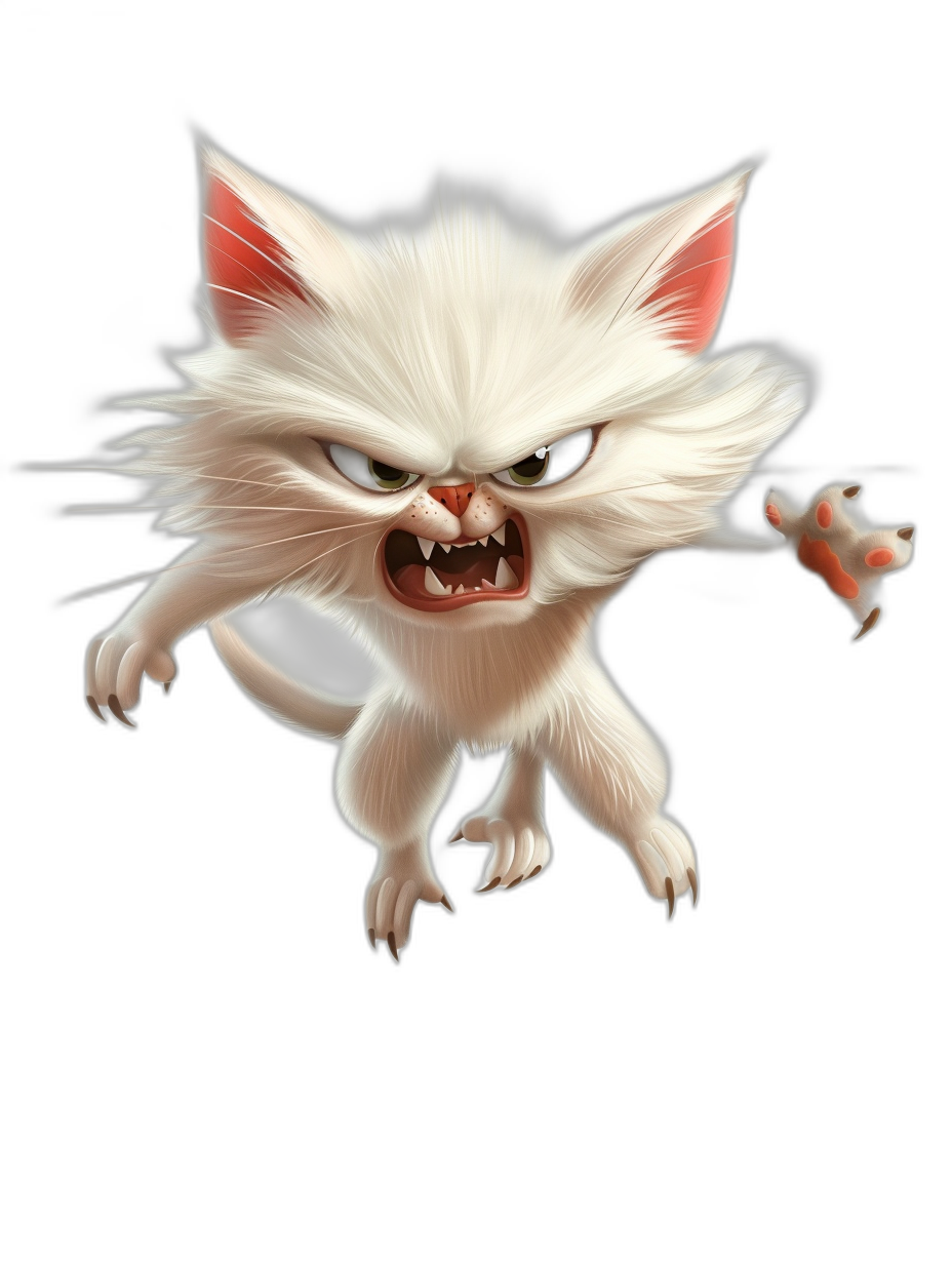 A white cat with red ears, an angry expression and sharp teeth is chasing after its prey in the style of cartoon character design. It has four legs on a black background. The concept art shows a cute kitten character from behind with an open mouth, fangs showing, tail raised high to appear in fast movement. In front view, it features exaggerated facial expressions, sharp eyes, and bright colors.