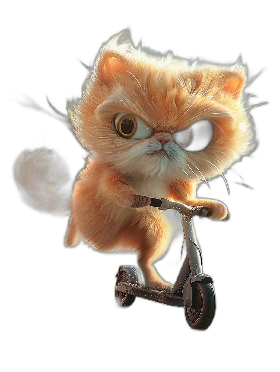 3D cartoon of an adorable cat riding a scooter, with a cute and funny expression, in the style of Pixar, on a black background, at a high resolution