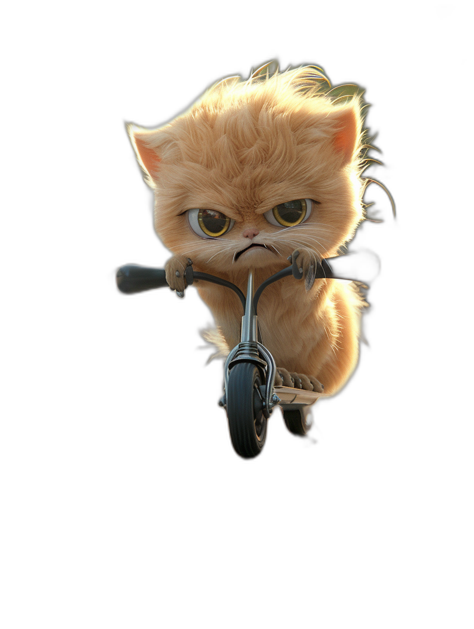 Cute fluffy kitten riding on an electric scooter with an angry face against a black background, in the style of Pixar, 3D rendered with studio lighting and octane rendering, high resolution photograph, hyper realistic