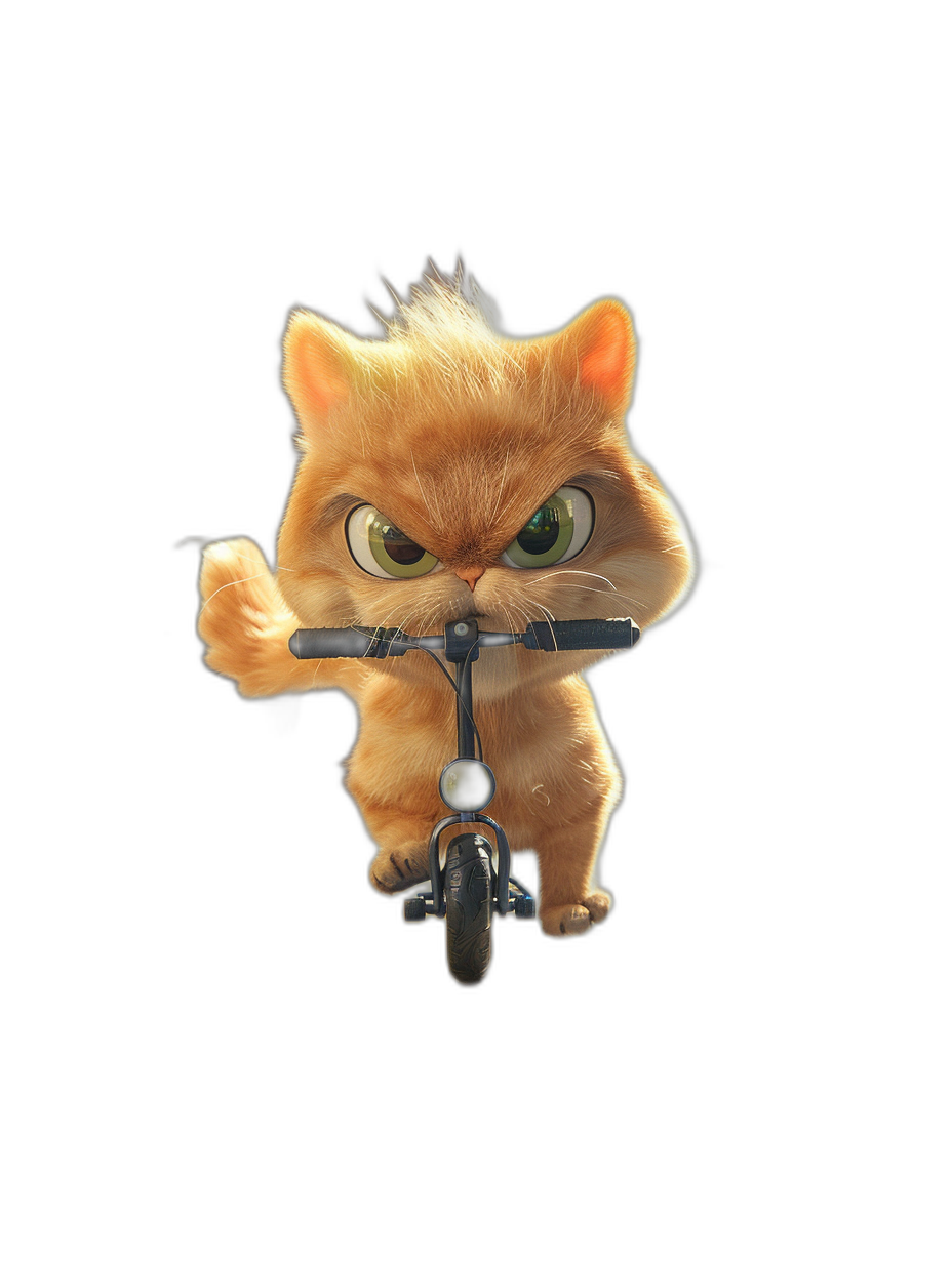 3D render of a cute fluffy orange cat riding a scooter with angry eyes against a black background, in the style of Pixar.