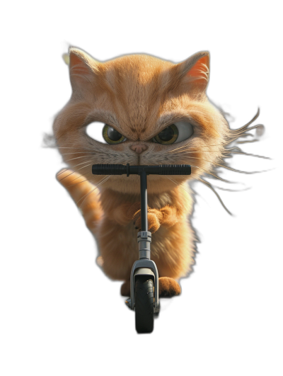 3D render of a cute ginger cat riding a scooter with an angry facial expression on a black background from a low angle shot, rendered with Octane in a hyper realistic style.