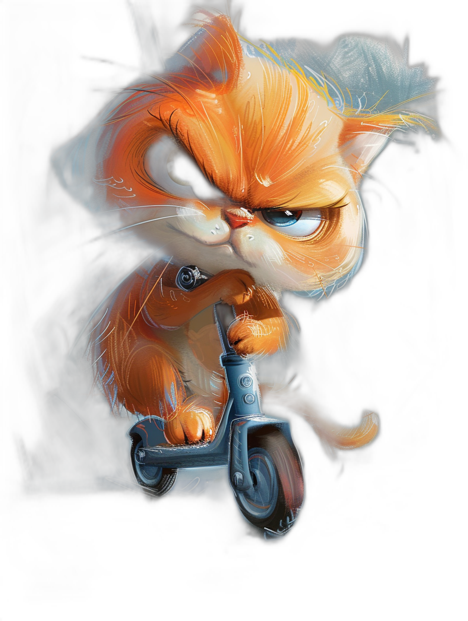 angry, cute cat on scooter in the style of [Tiago Hoisel](https://goo.gl/search?artist%20Tiago%20Hoisel), caricature-like, playful expression; dark background