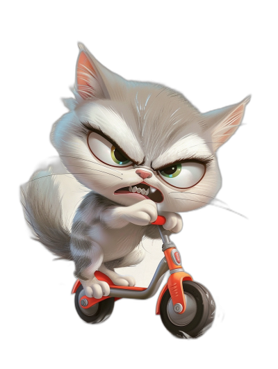 grumpy cat on scooter, chibi style character design, black background, cartoon illustration, pixar animation style, white fur with grey face and tail