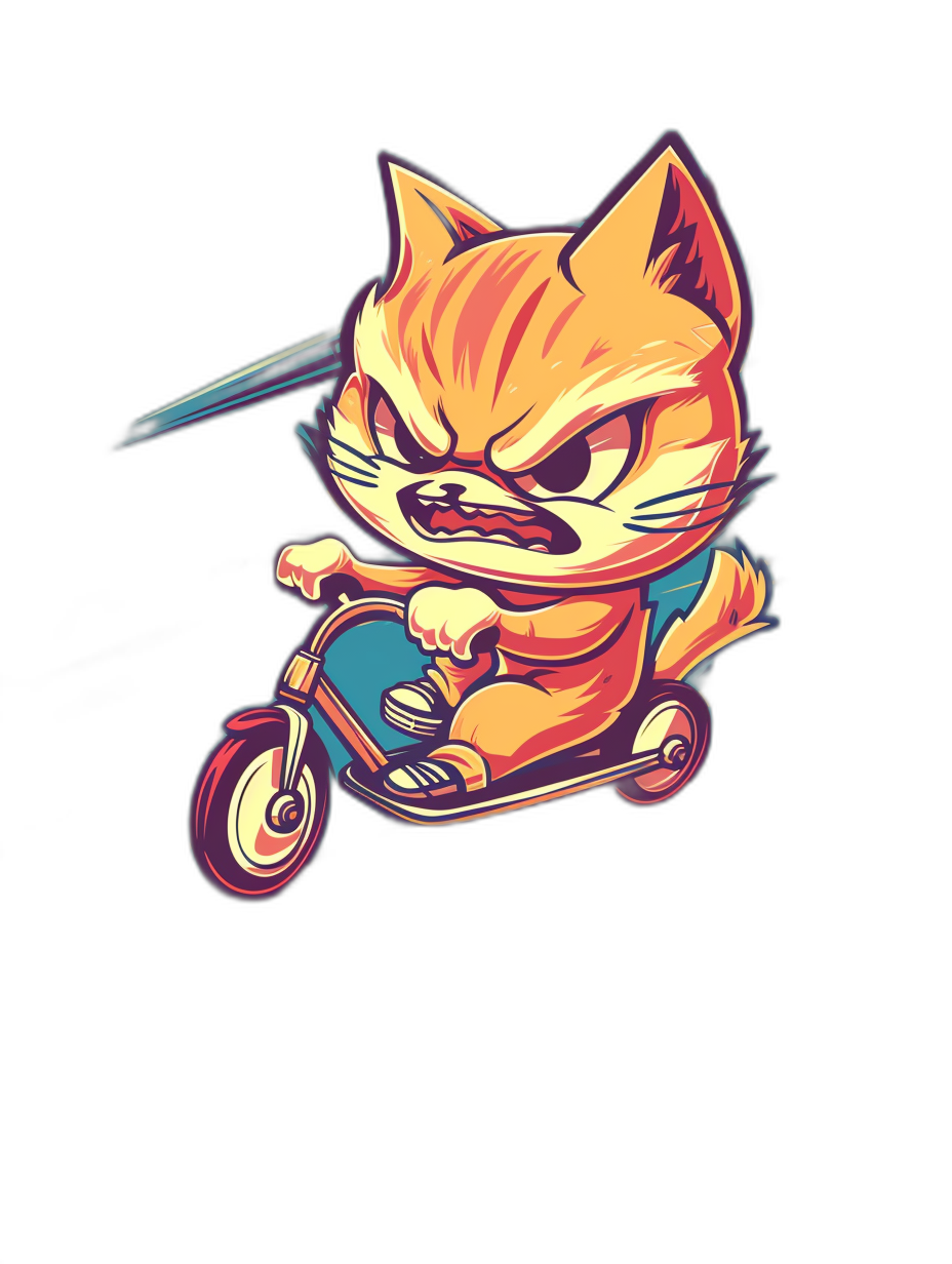 Cute cartoon vector art style, angry cat riding on a scooter, tshirt design graphic, solid black background. The image is in the style of an angry cat riding a scooter against a solid black background.