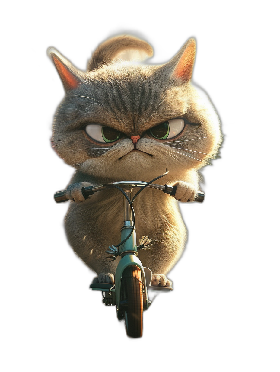 3D render of grumpy cat riding a bicycle in the style of a cartoon on a black background, cute, adorable, resembling a Pixar character, rendered with octane, resembling styles from the unreal engine, with hyper realistic and cinematic lighting