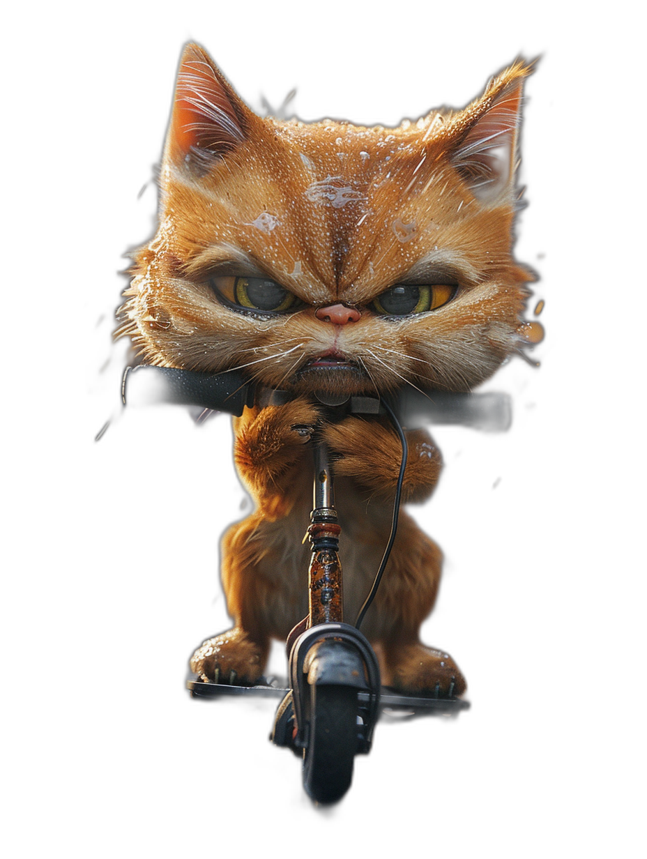 front view of an angry cute cat on a scooter, in the style of Pixar, against a black background, with highly detailed high resolution photography